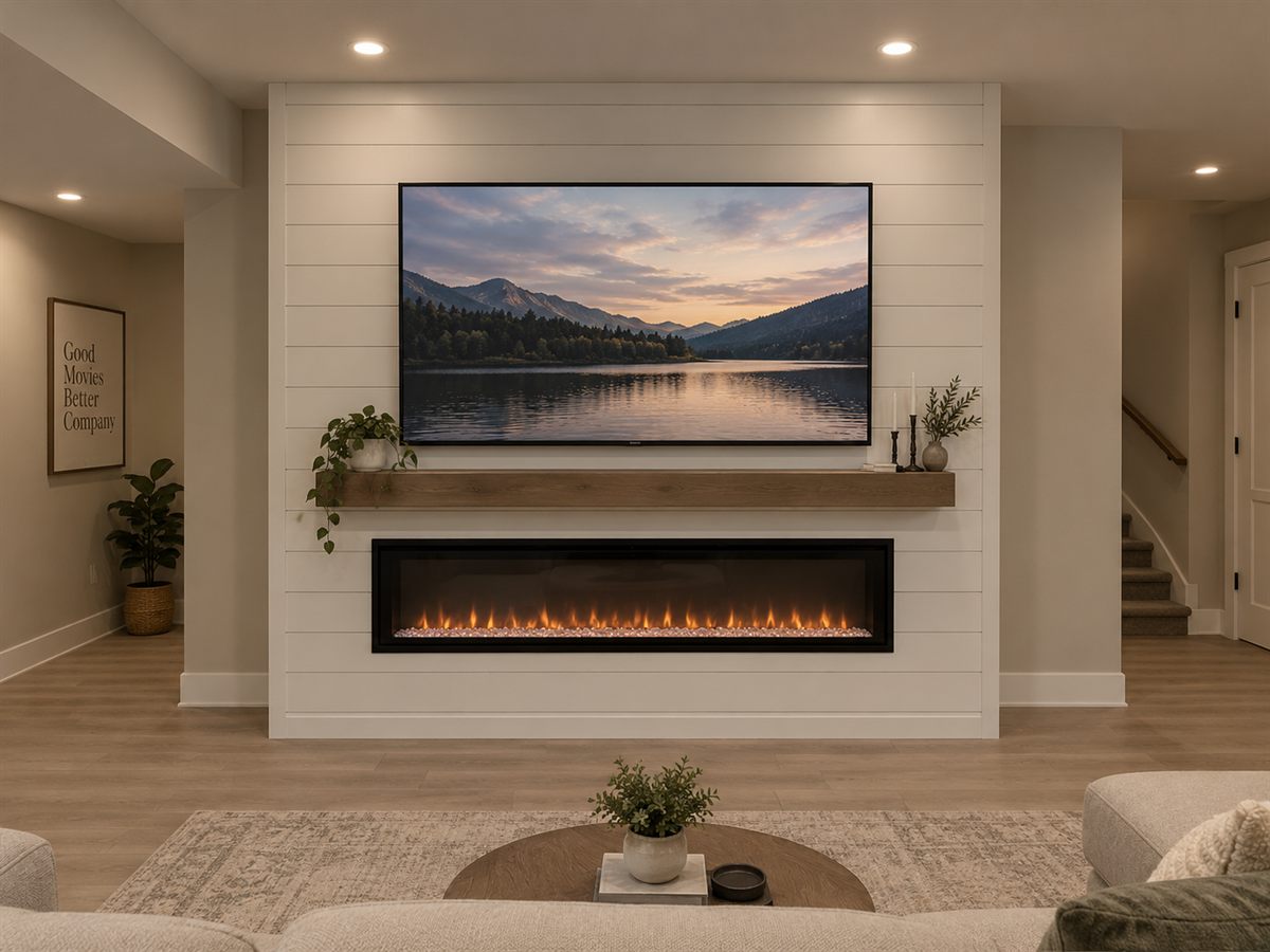 Media wall with a white shiplap finish, wood mantel, built-in linear electric fireplace and a mounted TV